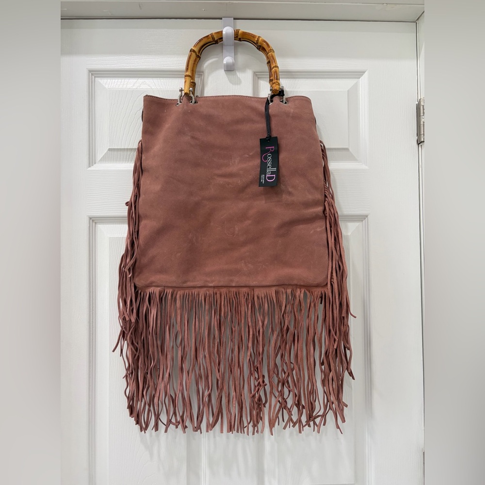 Rosella Fringe Suede Tote Bag in Dusty Rose (Light staining see all photos).